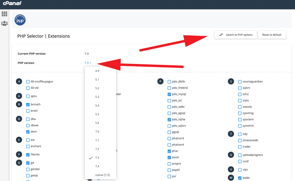 Select and set PHP options in cPanel