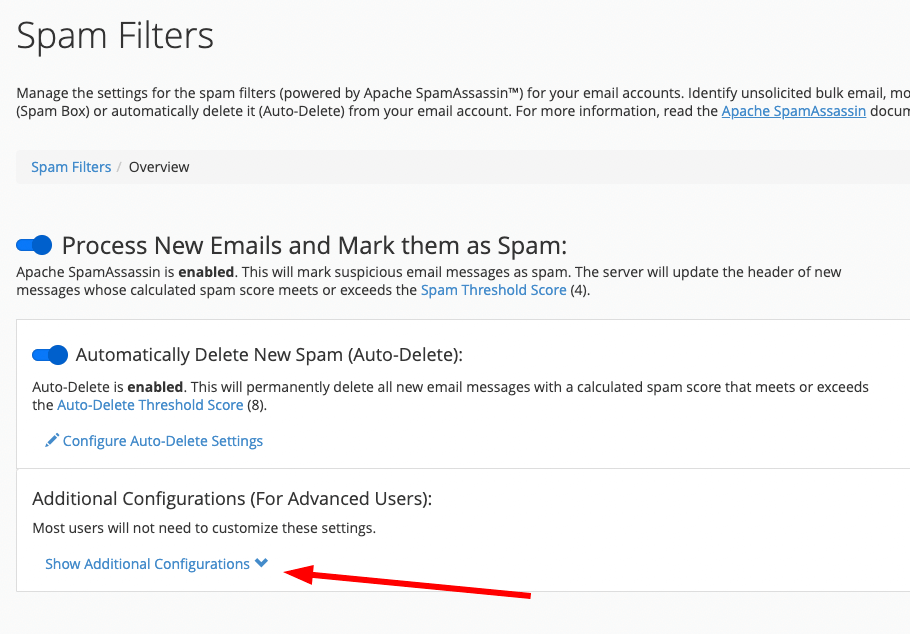 Selecting advanced settings for Spam Filters