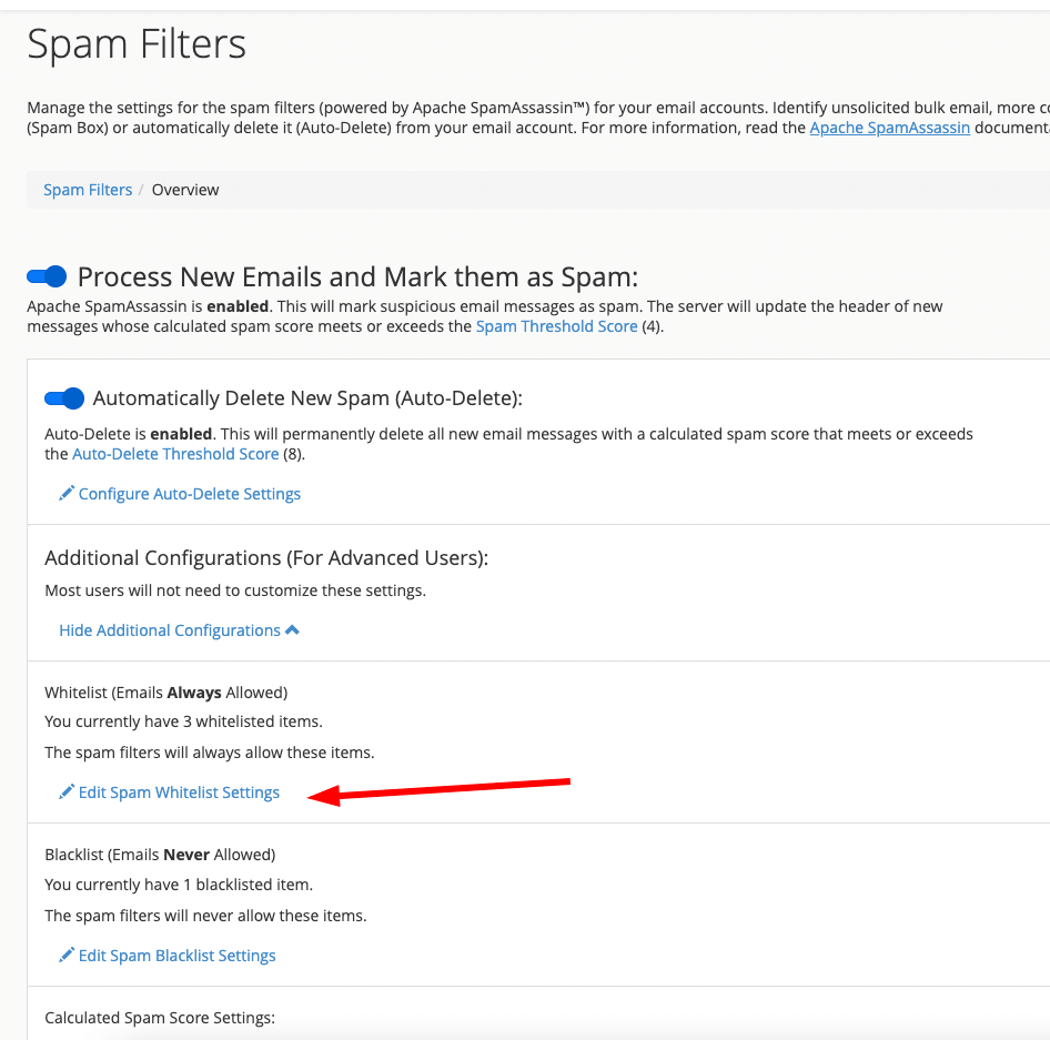 Settings for Spam Filters in cPanel