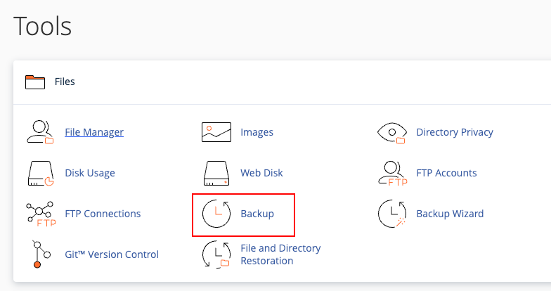 Selecting the Backup function in cPanel for web hosting account