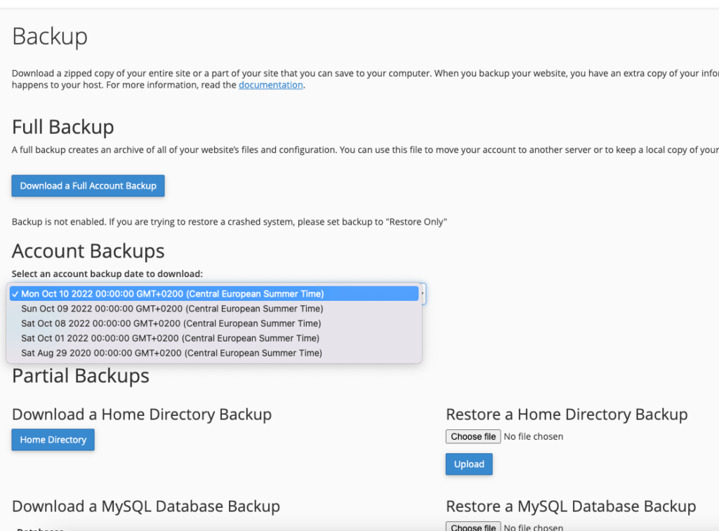 Selecting backup type in cPanel