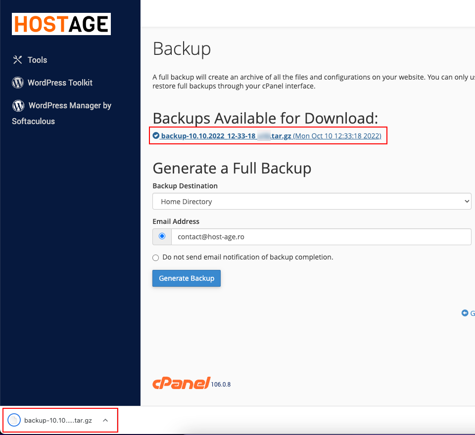 Downloading backup from cPanel