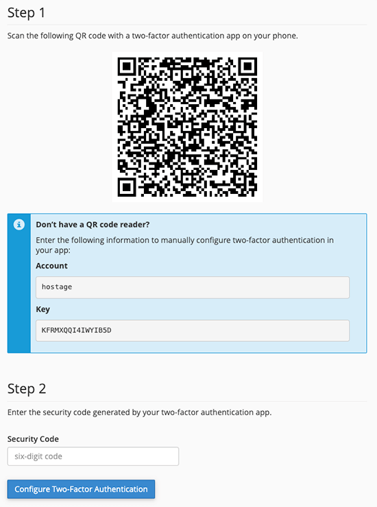 Generare cod QR și scanare pentru activare 2FA în cPanel