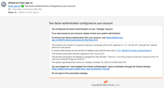 E-mail care confirmă activarea 2FA în cpanel
