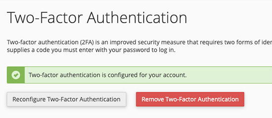 Afișare stare 2FA în cPanel și opțiune de dezactivare
