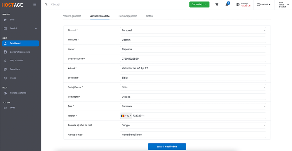 Updating data in client account