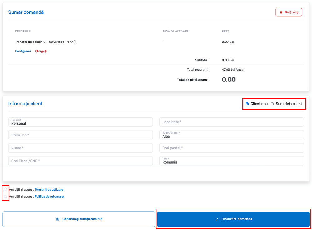 Complete .ro domain transfer