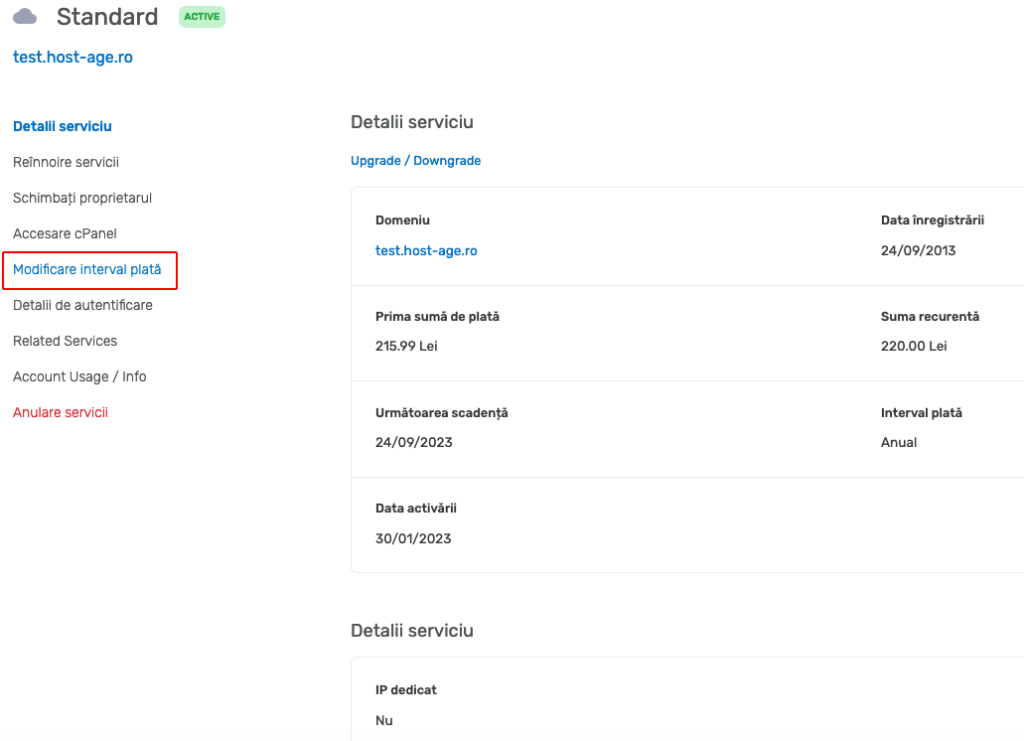Web hosting package details and link to change payment interval