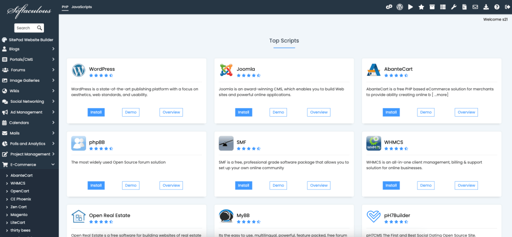 Softaculous overview with categories and most popular applications