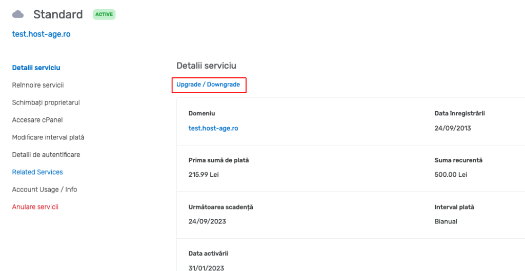 Web hosting account details for package modification