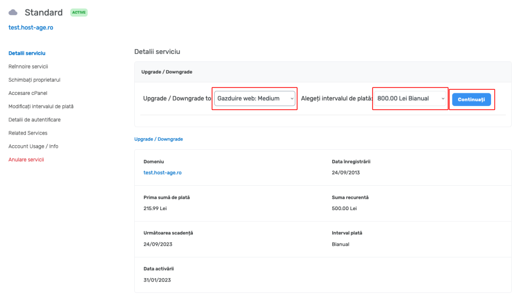 Selecting the new web hosting plan and optionally changing the payment interval.