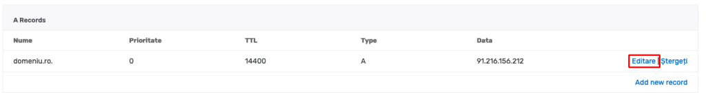 Shopify DNS zone configuration, editing A Records.