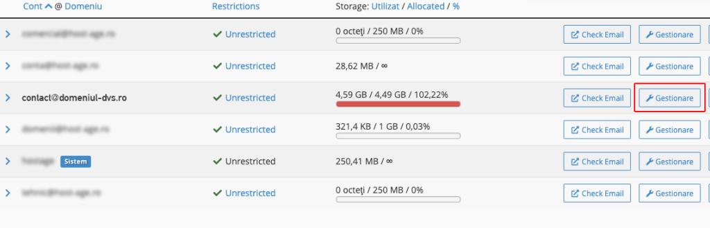 Displaying email addresses in cPanel along with the used and allocated space for each.