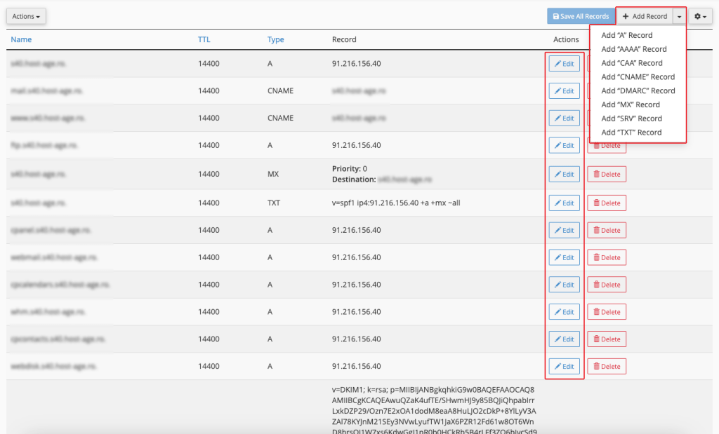 Editing DNS zone or adding new records in the DNS zone of a domain using Zone Editor in cPanel.