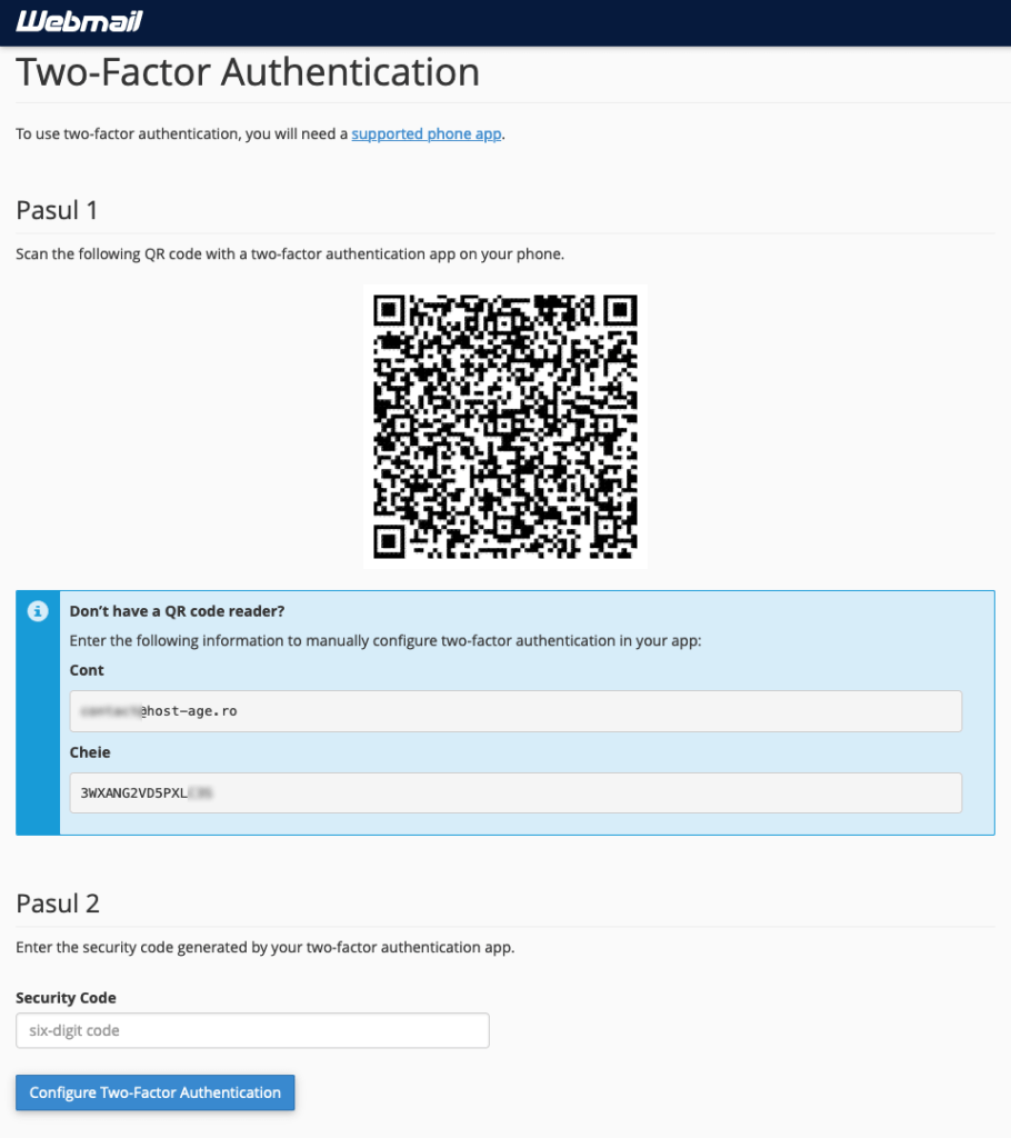 Scanarea codului QR pentru activarea 2FA pt. Webmail