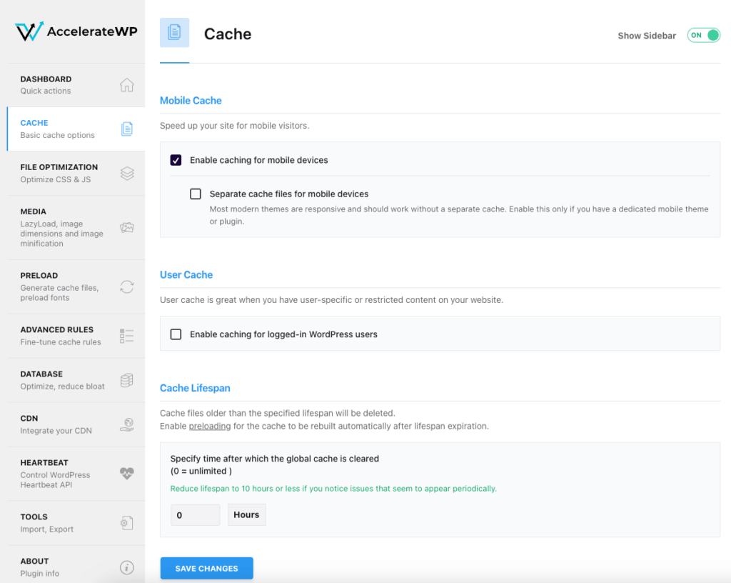 Cache settings in AccelerateWP
