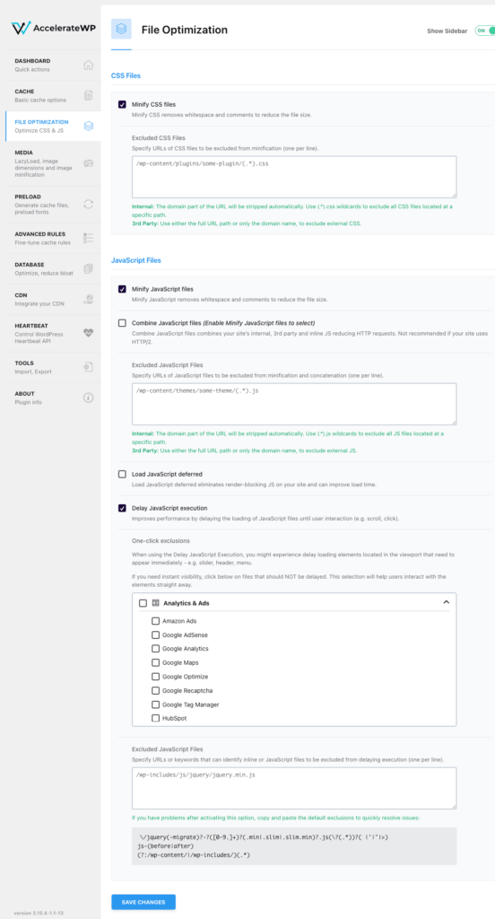 File Optimization configuration in AccelerateWP