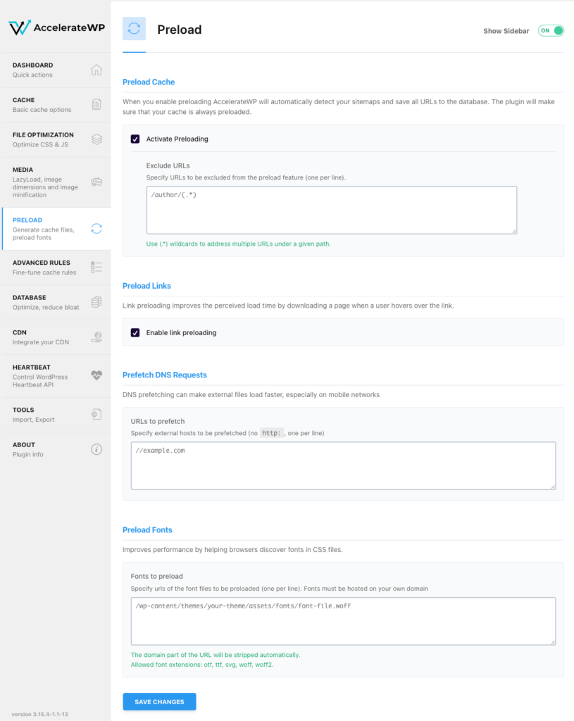 Preload settings in AccelerateWP
