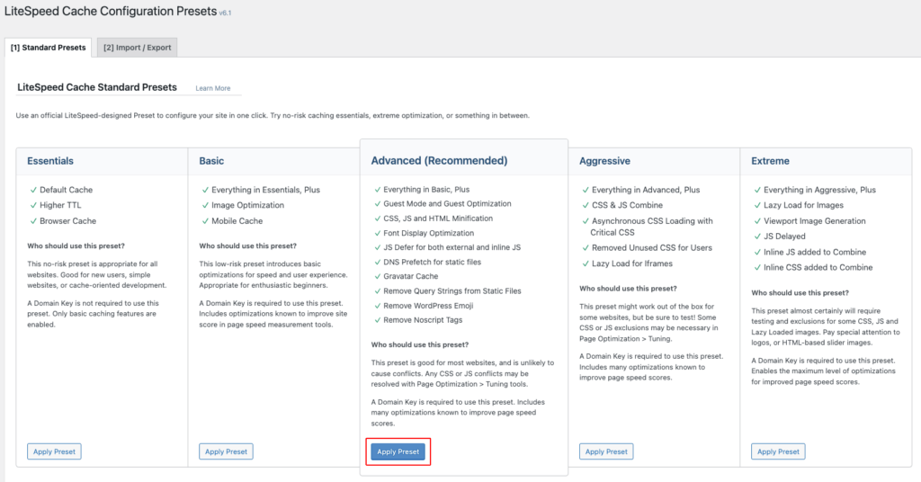 Preset settings in LiteSpeed Cache
