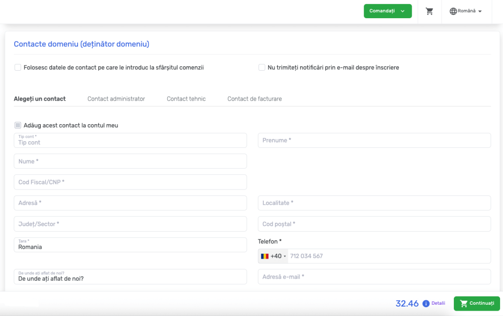 Order a domain with different details – filling in data